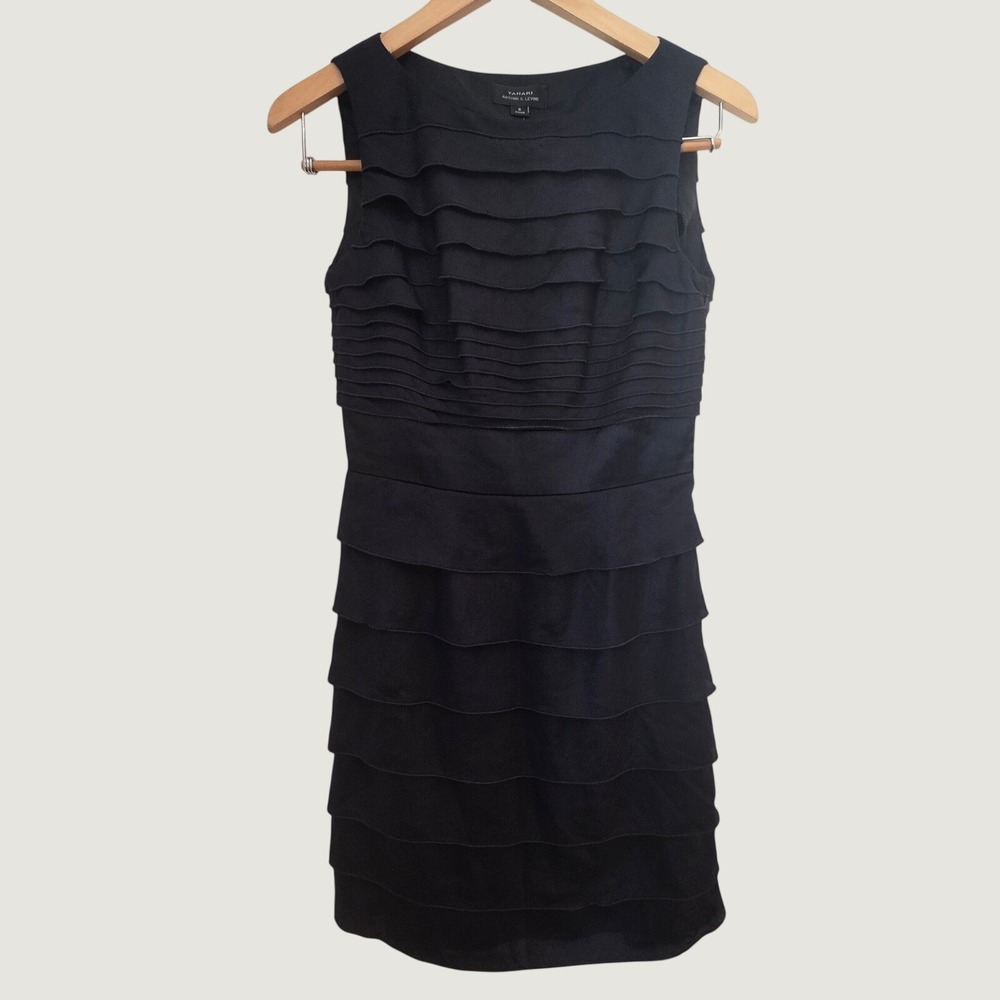 Tahari Arthur S Levine Dress Ruffle Dress Navy Silk Blend Wedding Guest Business